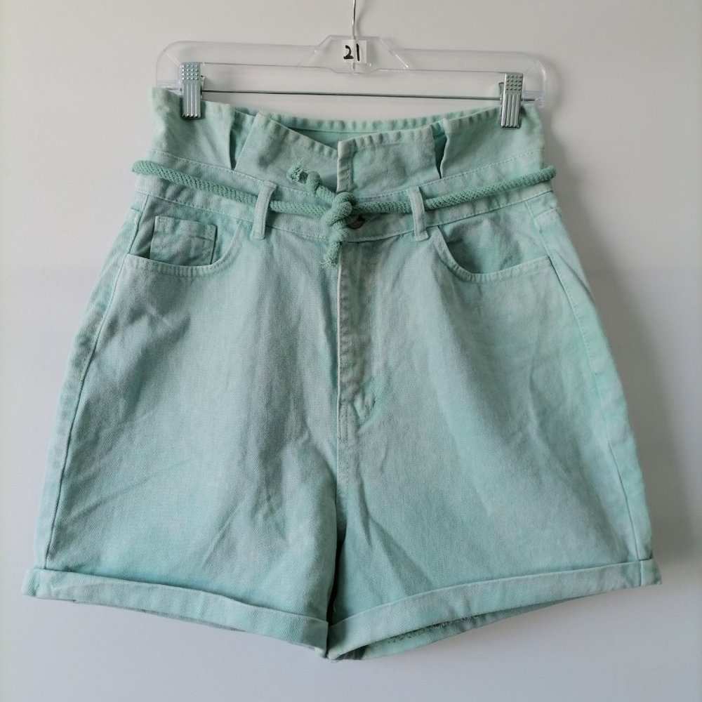PrettyLittleThing Womens Acid Green High Rise Rope Detail Denim Shorts Size 8